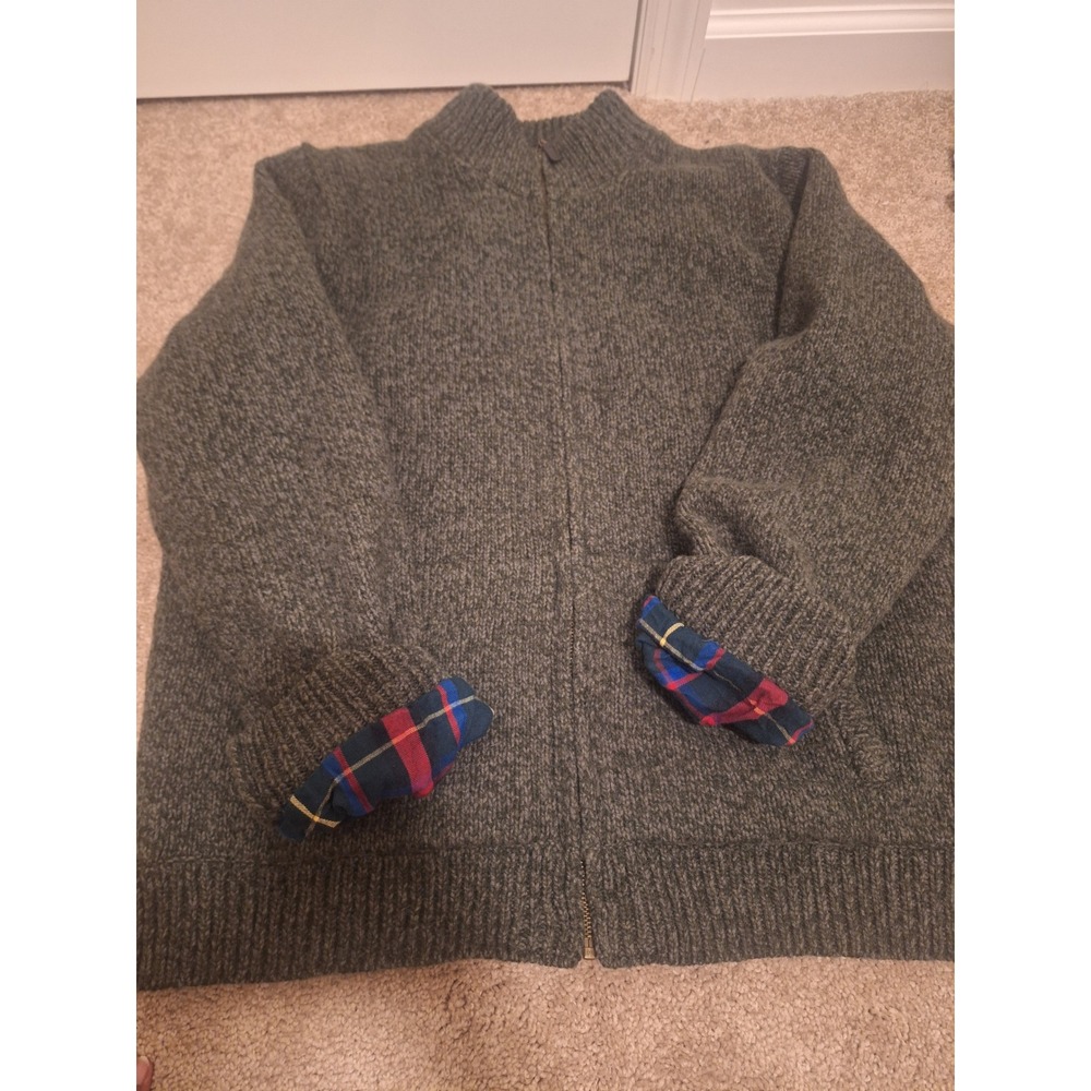 LL‎ Bean Mens Lambswool Full Zip Sweater Flannel Lined Plaid GreenJacket Large L